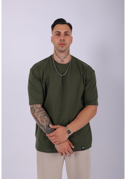 Unisex %100 Pamuk Oversize Düz T-Shirt Haki