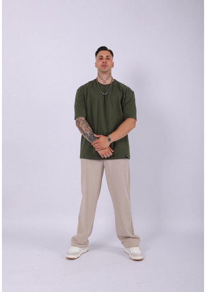 Unisex %100 Pamuk Oversize Düz T-Shirt Haki fırsatları