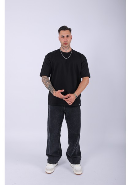 Unisex %100 Pamuk Oversize Düz T-Shirt Siyah