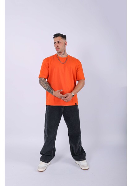 Unisex %100 Pamuk Oversize Düz T-Shirt Turuncu