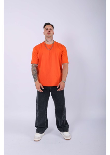 Unisex %100 Pamuk Oversize Düz T-Shirt Turuncu fiyatları