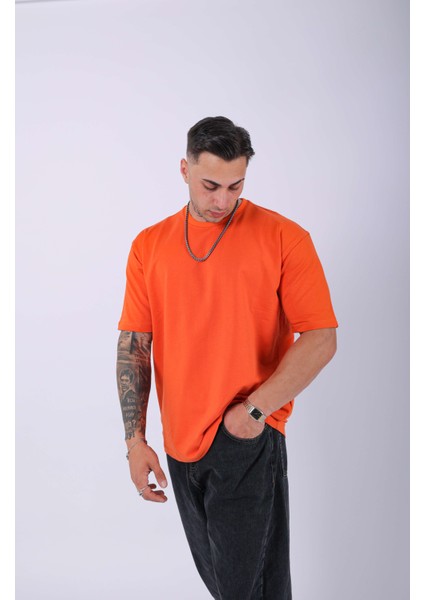 Unisex %100 Pamuk Oversize Düz T-Shirt Turuncu modelleri