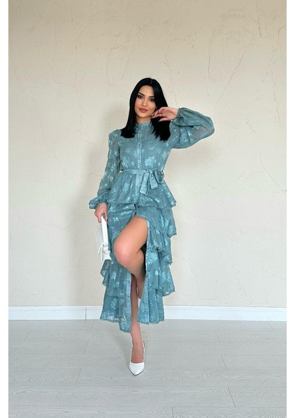 Mint Valonlu Şeritli Kat Kat Elbise modelleri