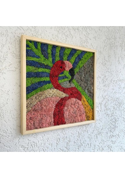 Flamingo Figürlü Renkli Yosun Duvar Dekoru | 45X45 cm | El Yapımı Tropikal Temalı Doğal Yosun Tablo | Bakım Gerektirmez modelleri