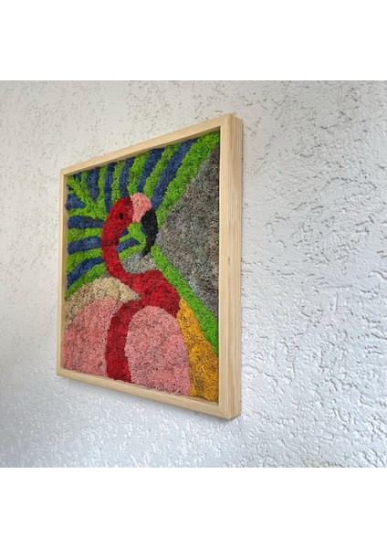 Flamingo Figürlü Renkli Yosun Duvar Dekoru | 45X45 cm | El Yapımı Tropikal Temalı Doğal Yosun Tablo | Bakım Gerektirmez indirimleri