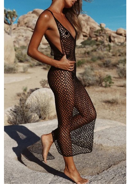 Kadın File Desen Tam Boy Askılı Triko Pareo modelleri