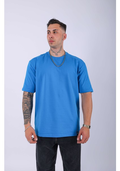 Unisex %100 Pamuk Oversize Düz T-Shirt Mavi