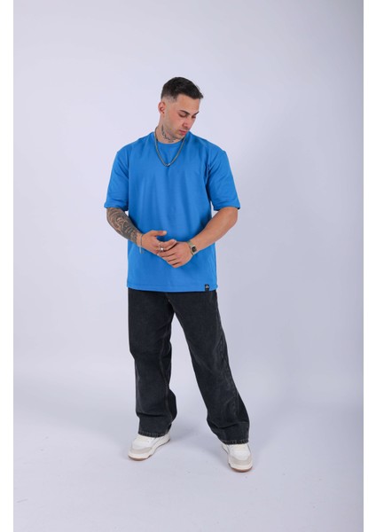 Unisex %100 Pamuk Oversize Düz T-Shirt Mavi fiyatları