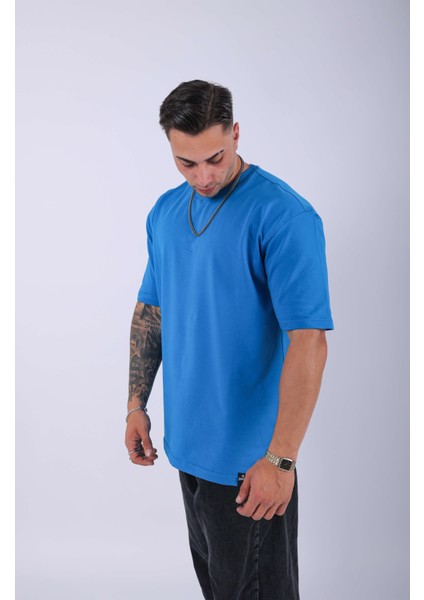 Unisex %100 Pamuk Oversize Düz T-Shirt Mavi modelleri