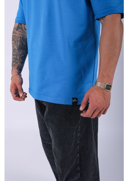 Unisex %100 Pamuk Oversize Düz T-Shirt Mavi indirimleri