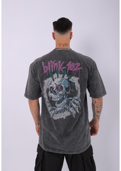 Unisex Özel Yıkamalı Blink 182 Oversize T-Shirt