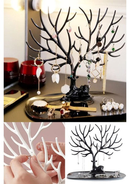 Geyik Desenli Takı Askısı, Yüzük, Küpe, Kolye Düzenleyici Siyah Renk