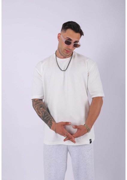 Unisex %100 Pamuk Oversize Düz T-Shirt Ekru