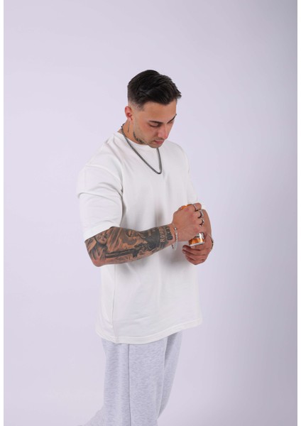 Unisex %100 Pamuk Oversize Düz T-Shirt Ekru indirimleri