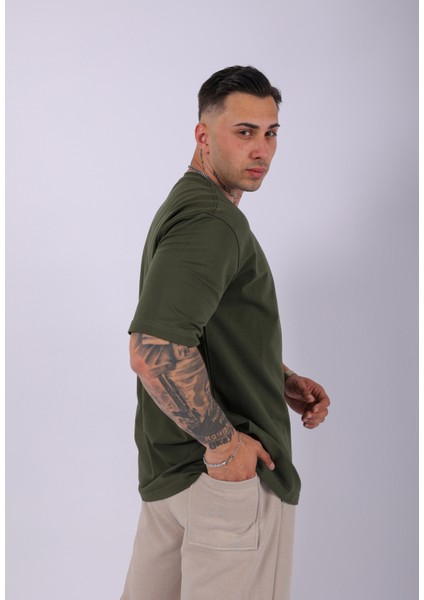 Unisex %100 Pamuk Oversize Düz T-Shirt Haki modelleri