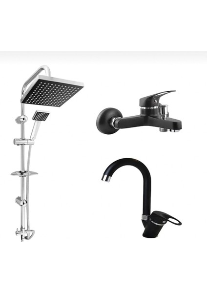 Full Siyah Robot Duş Lavabo Banyo Bataryası 3’lü Set Çift Su Girişli