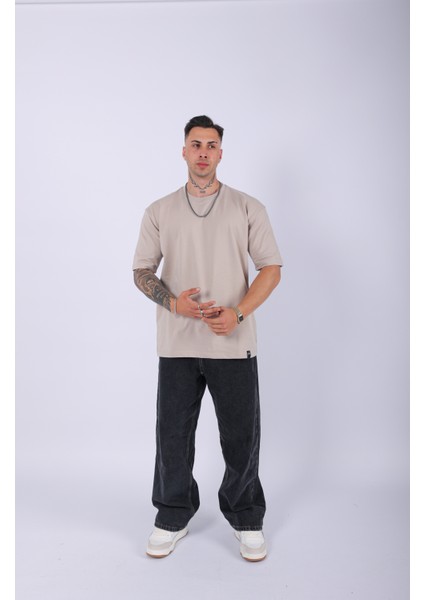 Unisex %100 Pamuk Oversize Düz T-Shirt Krem