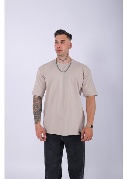 Unisex %100 Pamuk Oversize Düz T-Shirt Krem fiyatları