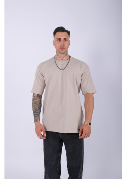 Unisex %100 Pamuk Oversize Düz T-Shirt Krem indirimleri