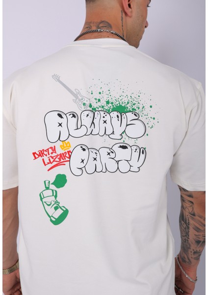 Unisex Dirty Lizart Baskılı Oversize T-Shirt Ekru modelleri