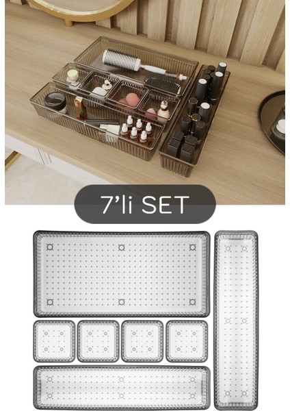 7 Parça Çekmece İçi Akseuar Düzenleyici Set, Modüler Makyaj Organizer Siyah