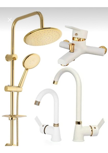 Altın Gold Robot Set,beyaz Gold Banyo,lavabo,mutfak Eviye Musluğu Bataryası 4’lü Set