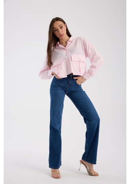 %100 Pamuk Yüksek Bel Bol Paça Rahat Denim Pantolon