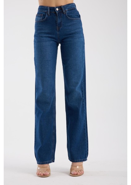 %100 Pamuk Yüksek Bel Bol Paça Rahat Denim Pantolon