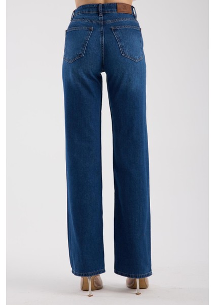 %100 Pamuk Yüksek Bel Bol Paça Rahat Denim Pantolon