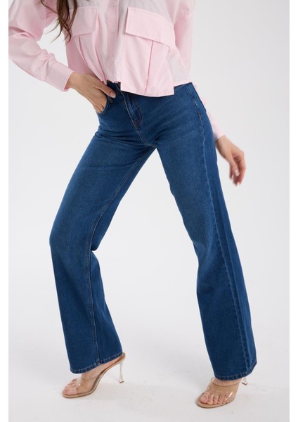 %100 Pamuk Yüksek Bel Bol Paça Rahat Denim Pantolon