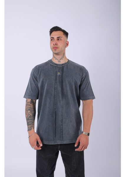 Unisex Lescho Nakışlı Özel Yıkamalı Oversize T-Shirt