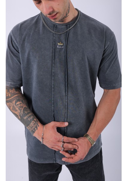 Unisex Lescho Nakışlı Özel Yıkamalı Oversize T-Shirt fırsatları