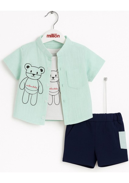 Yazlık Erkek Bebek Kombin – Gömlek + Şort + Atlet Body 3'lü Set