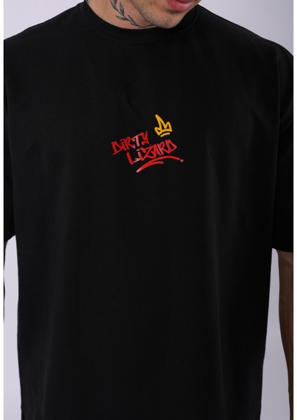 Unisex Dirty Lizart Baskılı Oversize T-Shirt Siyah modelleri