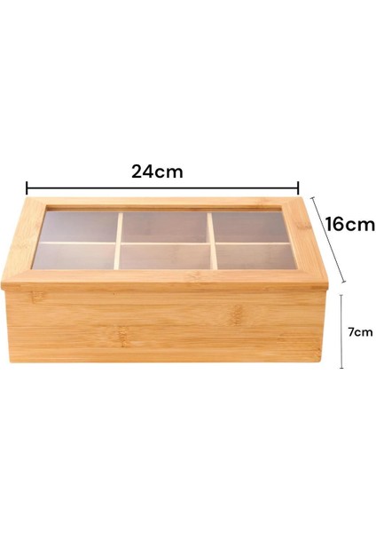 6 Bölmeli Bambu Organizer Kutusu, Takı ve Aksesuarlar İçin, 24 x 16 x 7 cm, Sarı