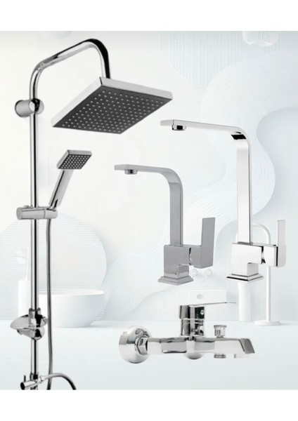 Krom Robot Duş Seti , Lüx Kare Eviye , Lavabo , Banyo Bataryası 4’lü Set
