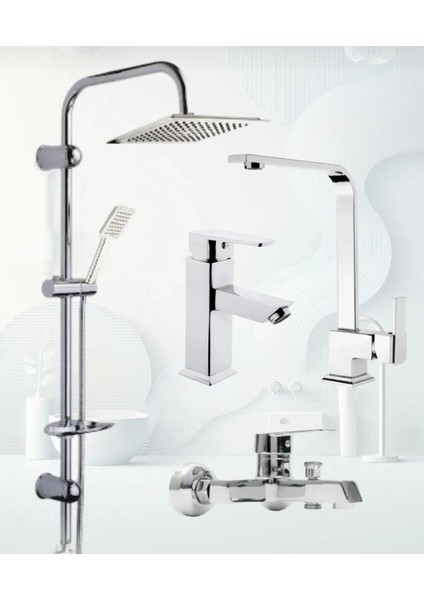 Krom Dubai Duş Seti , Lüx Kare Eviye , Sabit Lavabo , Banyo Bataryası 4’lü Set