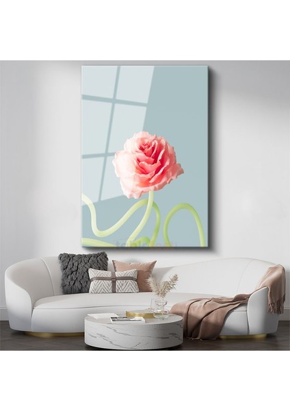 Pastel Gül - Mavi Fonda Minimalist Çiçek Portresi Cam Tablo
