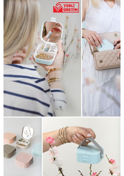 Şık Mavi Mini Makyaj ve Takı Kutusu İç Aynalı Taşınabilir Tasarım