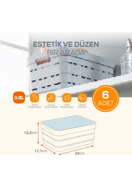 6'lı Kapaklı 3,8 Litre Delikli Saklama Kutusu Bej