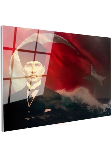 Dalgalı Bayrak - Kalpaklı Atatürk Portresi Cam Tablo