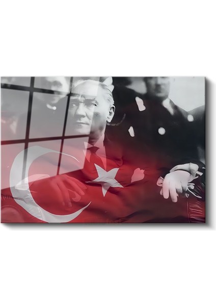 Bayrak Efektli Atatürk - Kırmızı Tonlu Portre Cam Tablo fiyatları