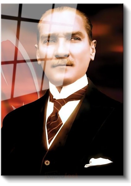 Türk Bayrağı Fonlu Atatürk - Vizyon Sahibi Lider Cam Tablo