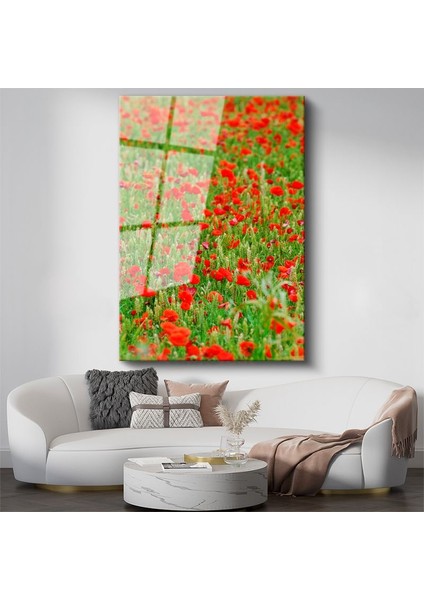 Gelincik Tarlası - Kırmızı Çiçekli Doğa Manzarası Cam Tablo
