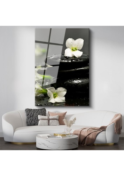 Spa Konsepti - Siyah Taşlar ve Beyaz Çiçekler Cam Tablo