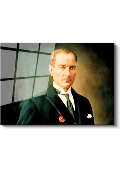 Yeşil Fonlu Atatürk - Madalyalı Resmi Portre Cam Tablo