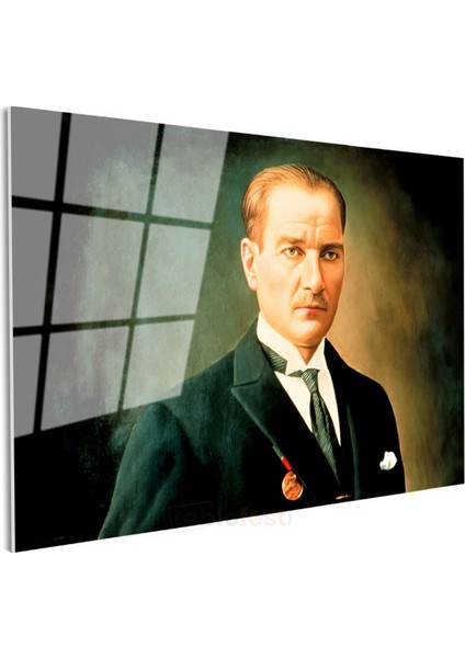 Yeşil Fonlu Atatürk - Madalyalı Resmi Portre Cam Tablo