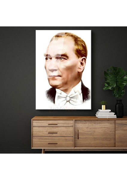 Beyaz Papyonlu Atatürk - Modern Çizgili Portre Cam Tablo