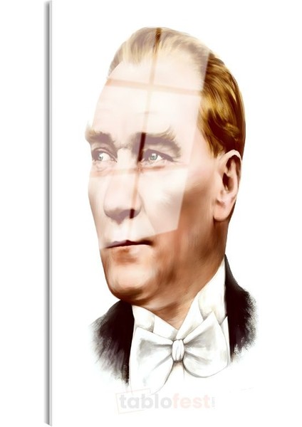 Beyaz Papyonlu Atatürk - Modern Çizgili Portre Cam Tablo modelleri
