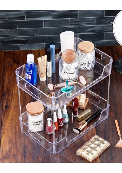 Çok Amaçlı 2 Katlı Şeffaf Organizer, Banyo ve Takı Düzenleyici fırsatları